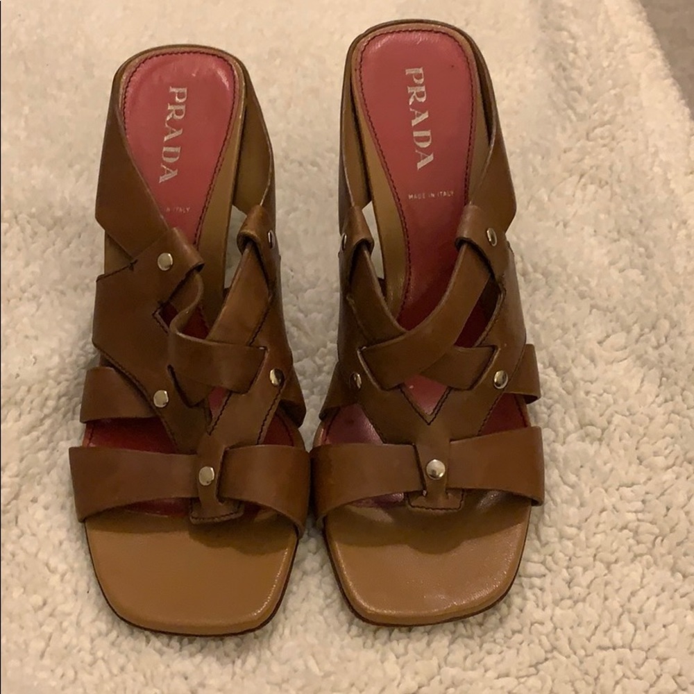 Prada leather & wooden heels with silver accents